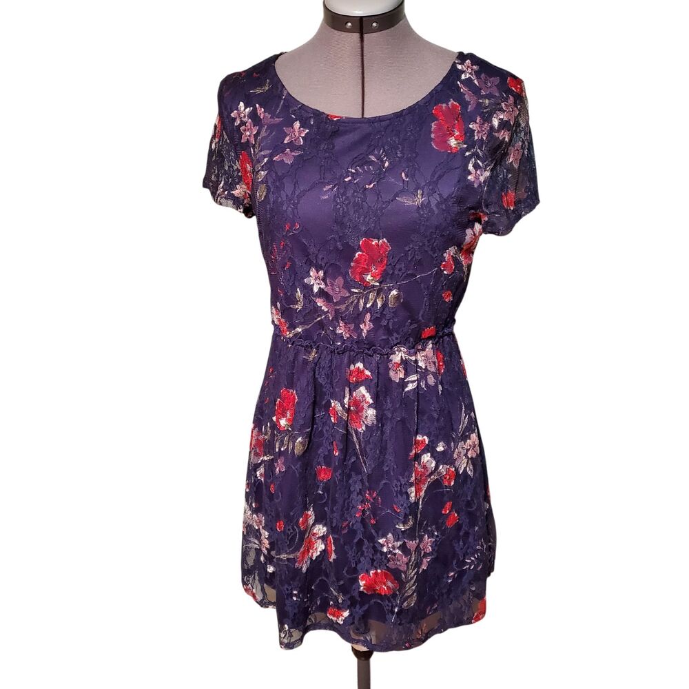 Speechless Juniors Floral Print Lace Dress Navy Size M Dark Coquette